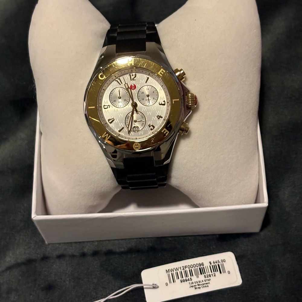 Michele Women's Jelly Bean Two Tone 18k Gold & Silver Black Silicone Watch